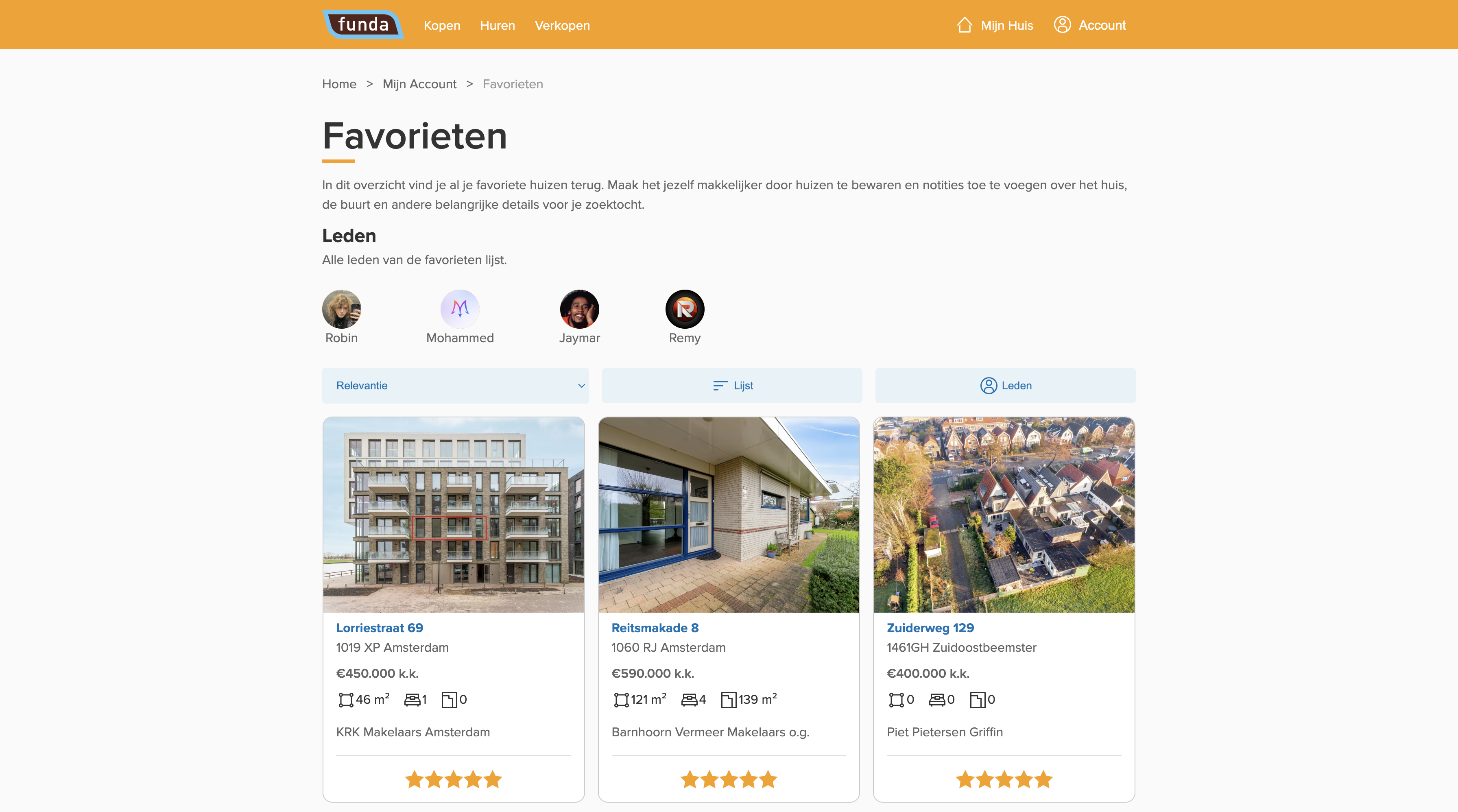 Screenshot van de favorieten pagina