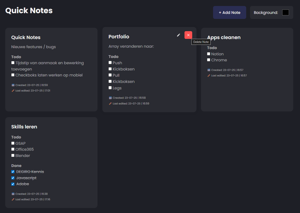Screenshot van quick notes pagina